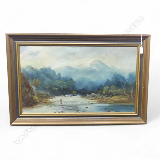 THOMAS REGINALD ATTWOOD, SOUTH ISLAND RIVER, OIL ON BOARD, 350x600mm