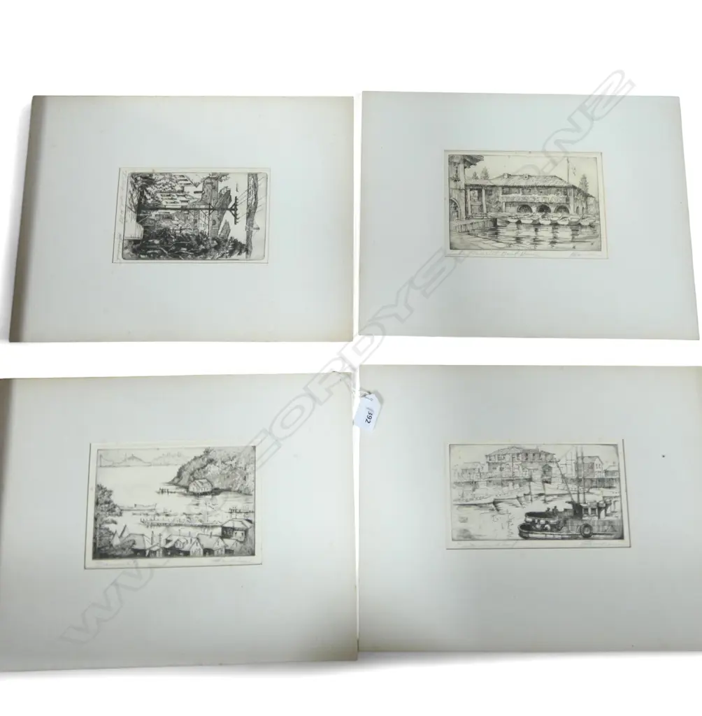 HARRIET ROUDEBUSH (AMERICAN 1908-98), FOUR ETCHINGS AROUND SAN FRANCISCO BAY AREA 120x170mm mounted unframed Image 1++