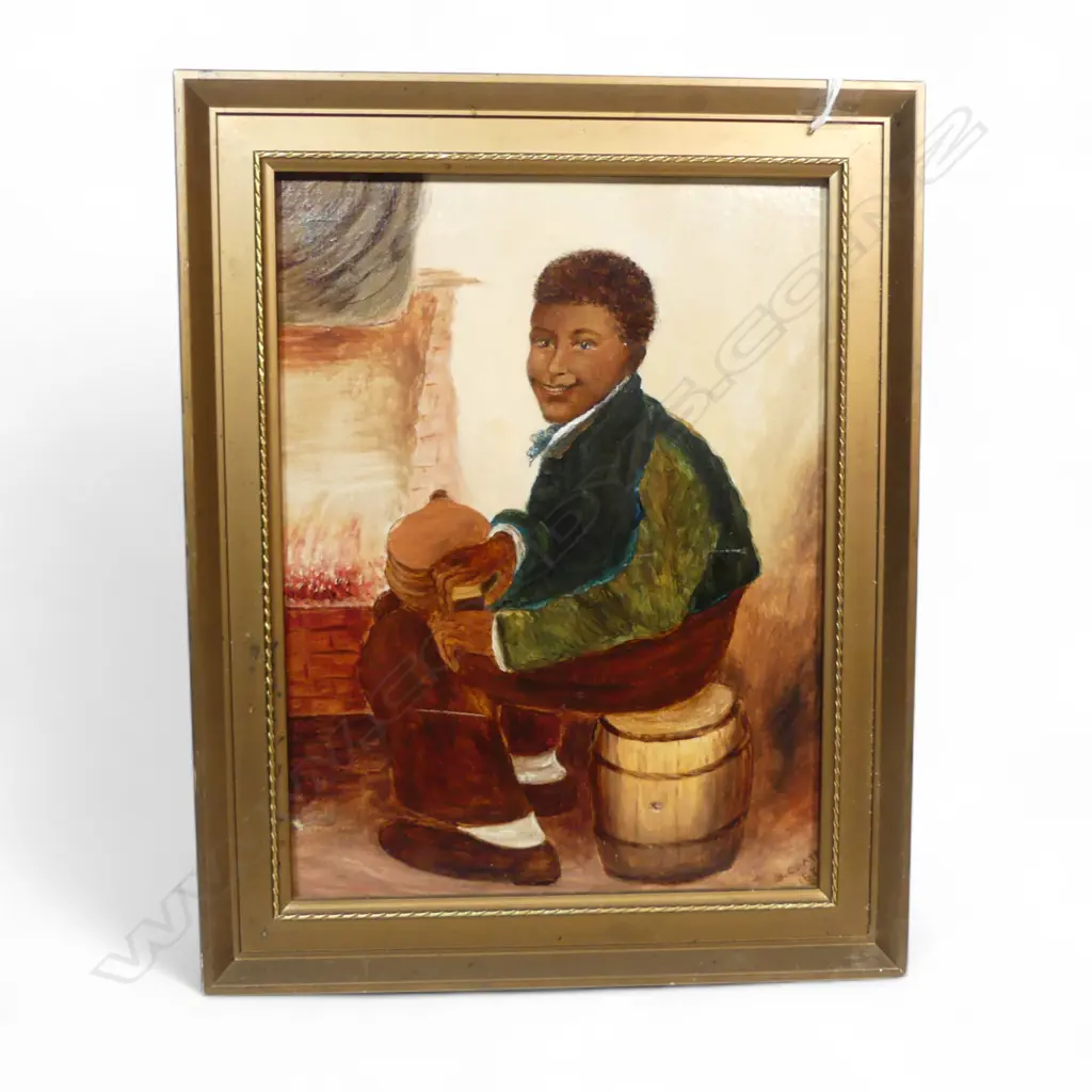 VICT OIL ON BOARD BOY BY FIRE SIGNED B COATS H300 L230MM (From the Estate of Tommy Doyle) Image 1++
