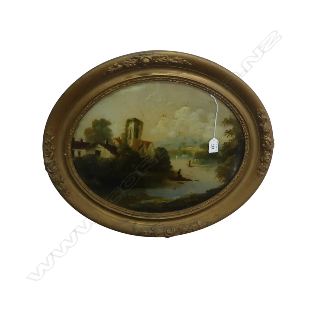 OLD EUROPEAN RIVER SCENE, CONVEX GLASS, GILT FRAMED Image 1++