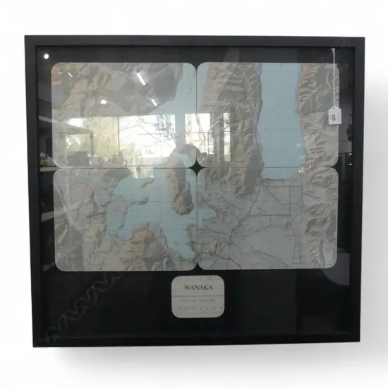 FRAMED MAP OF WANAKA / HAWEA BASIN AREA ON 4 PLACEMAT SIZED PANELS 210x290mm EACH, 620x670mm total overall size