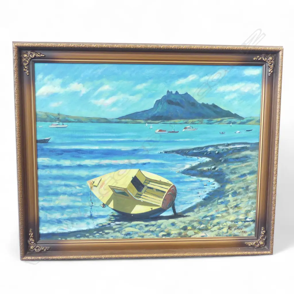 K INUI, OIL on CANVAS, DINGY on the BEACH, SIGNED 1983, 400 x 480mm Image 1++