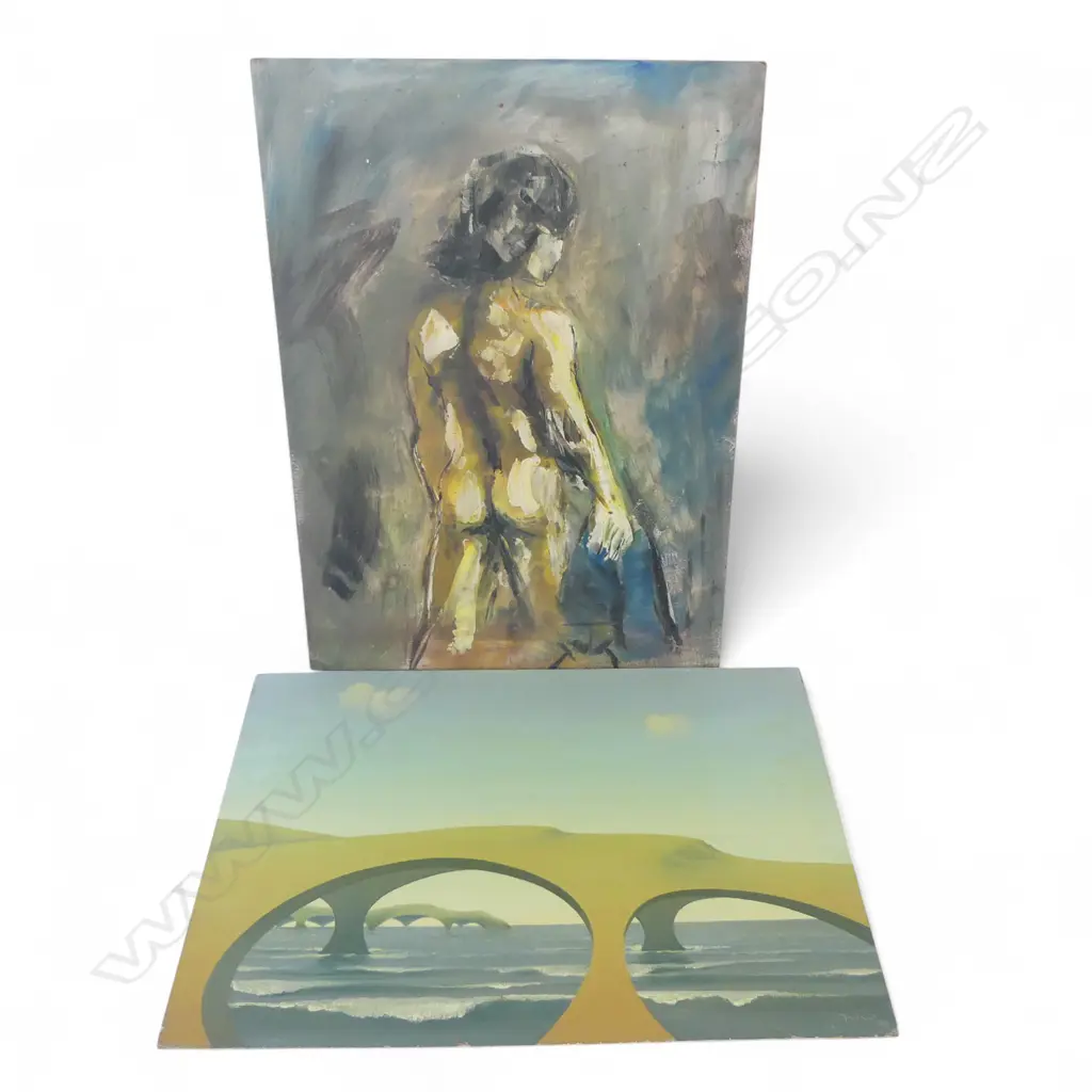 2 UNFRAMED SIGNED ACRYLIC ON BOARD ARTWORKS; TORSO 660x480mm & SEASCAPE 450x640mm Image 1++
