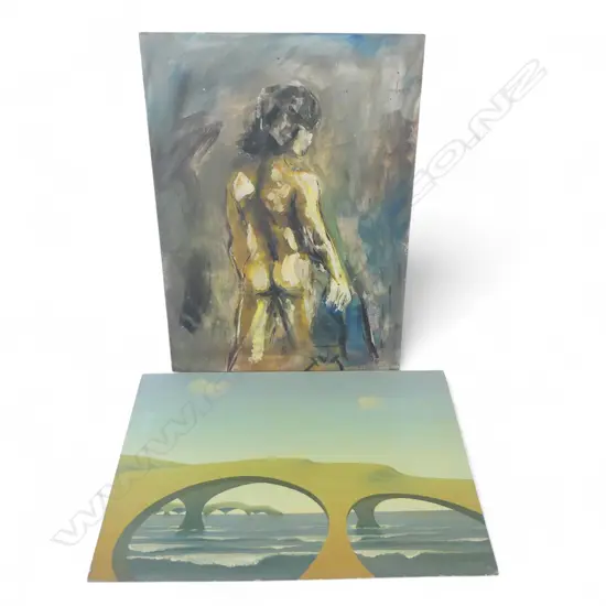 2 UNFRAMED SIGNED ACRYLIC ON BOARD ARTWORKS; TORSO 660x480mm & SEASCAPE 450x640mm