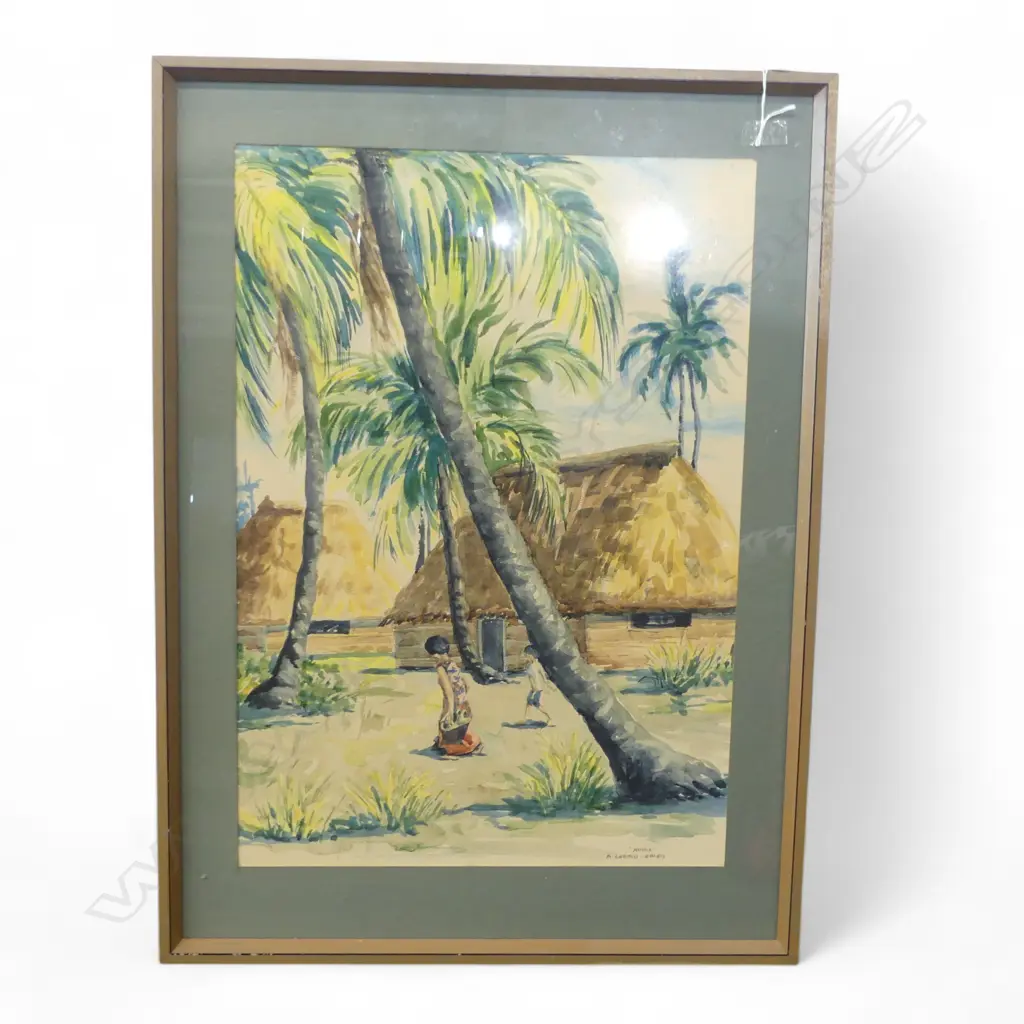 MARIA FRANCIS (MARY) CEBALO ERCEG (NZ 1924-2024) 'MANA ISLAND FIJI VILLAGE SCENE' WC 1976 580x400mm Image 1++