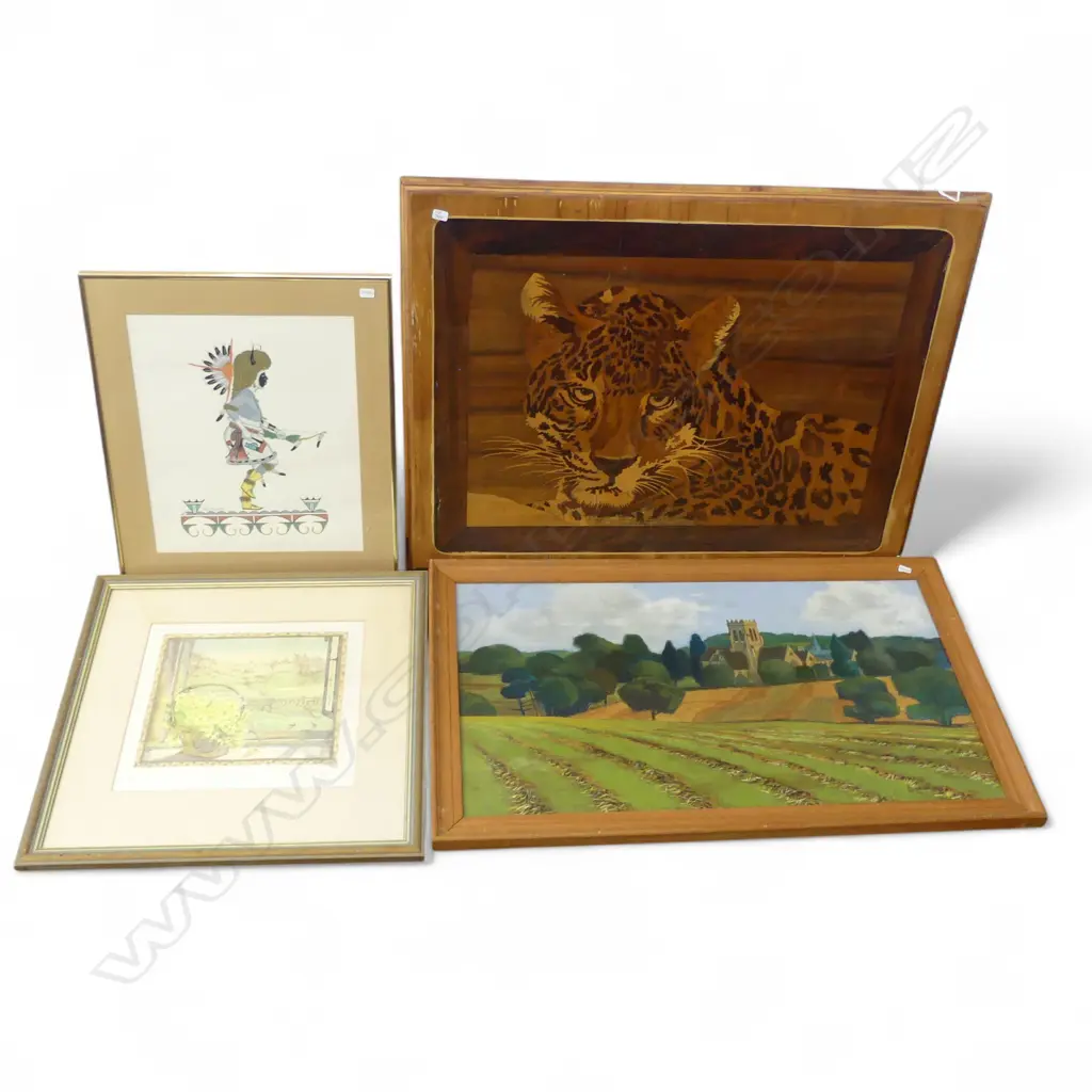 FOUR FRAMED WORKS INCLUDING PRINT by PAUL GILBERTY, MARQUETRY LEOPARD etc Image 1++