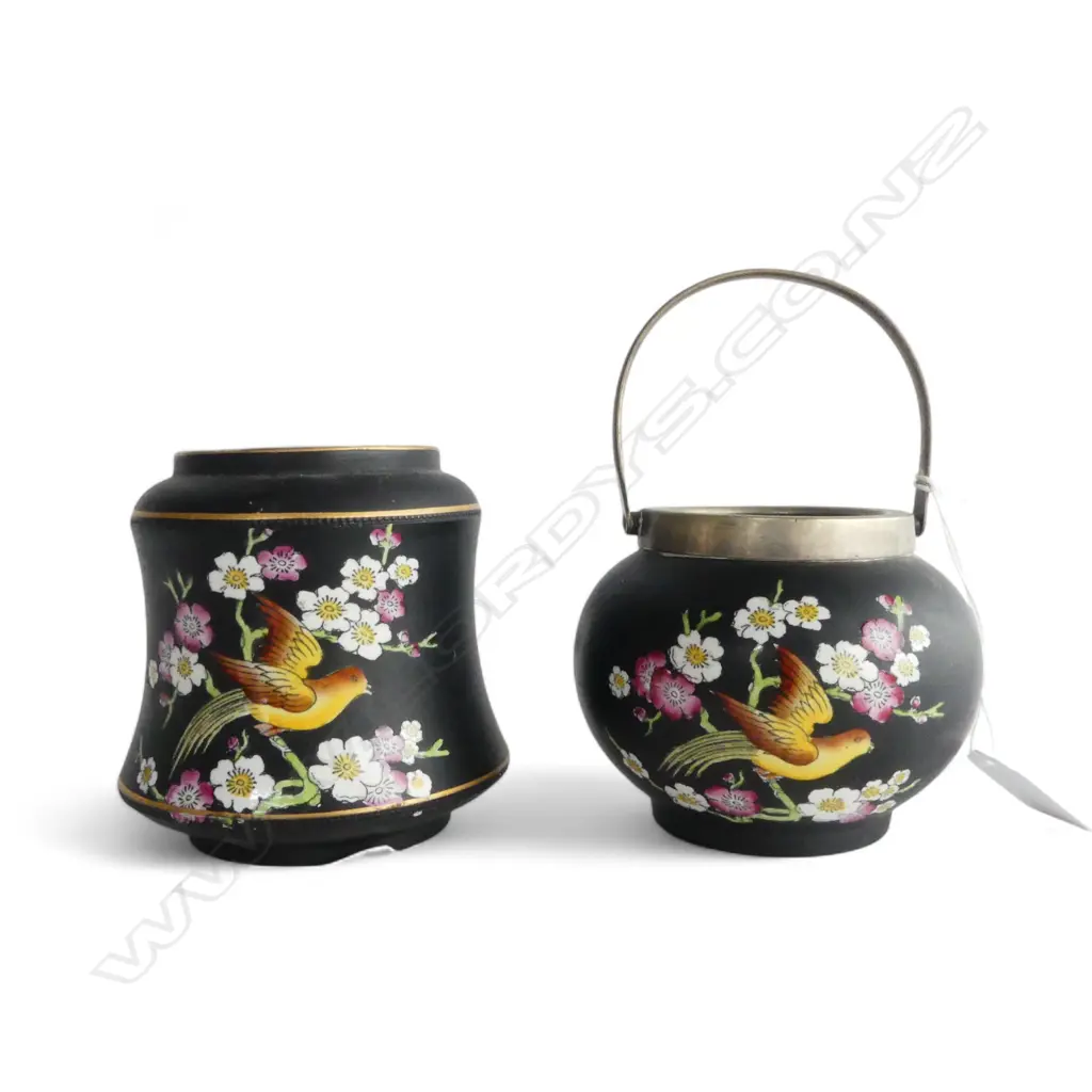 Two Adams Tunstall Art Nouveau vessels decorated with birds on blossom branches. H.110mm. Sugar bowl with no lid. Image 1++