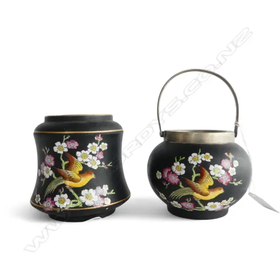 Two Adams Tunstall Art Nouveau vessels decorated with birds on blossom branches. H.110mm. Sugar bowl with no lid.