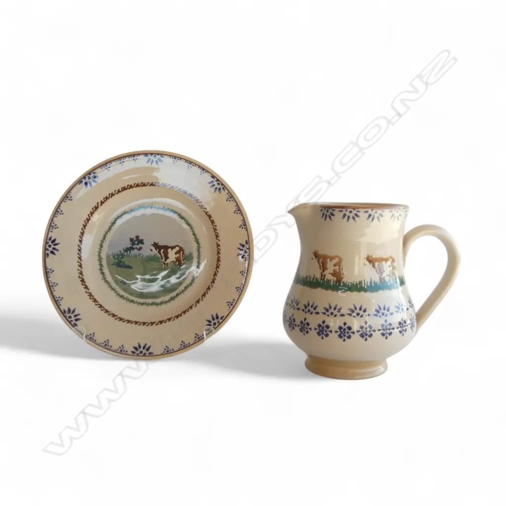 NICHOLAS MOSSE IRISH POTTERY JUG & DISH ‘LANDSCAPE COW’, H.165MM D.205MM Image 1++