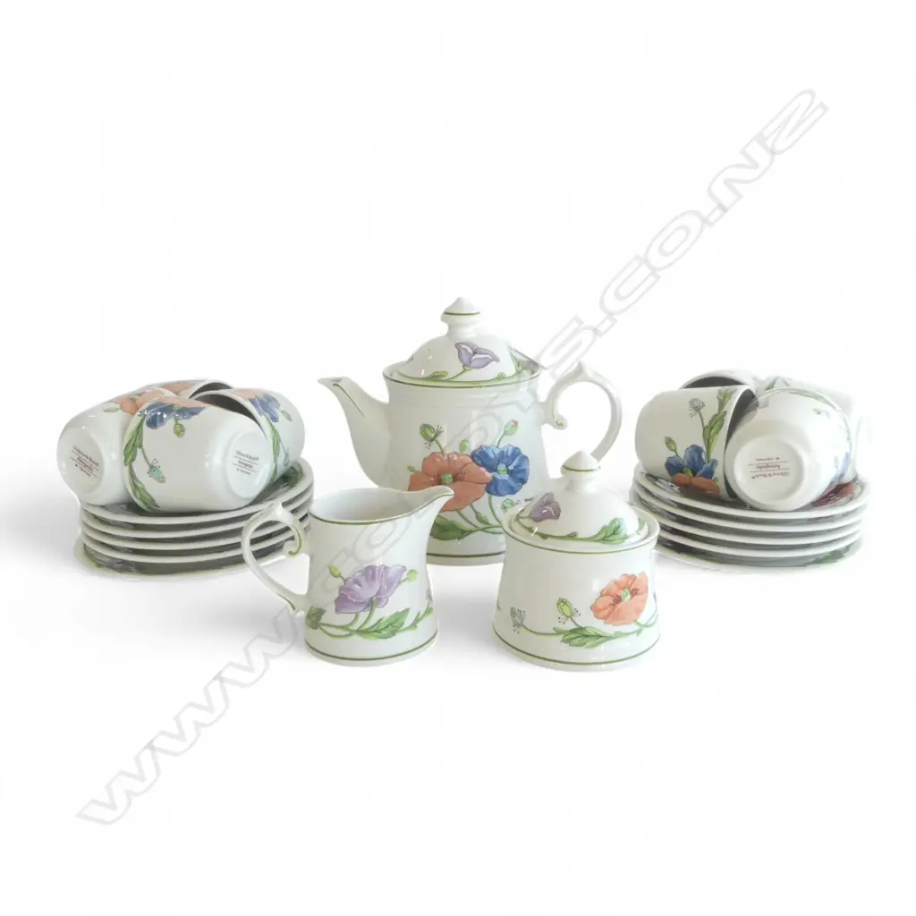 21 PCE VILLEROY & BOCH 'AMAPOLA' TEA SET; 8 CUPS, 10 SAUCERS, MILK, SUGAR, TEAPOT Image 1++