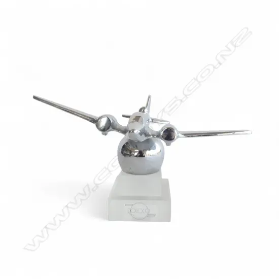 CHROME AIRPLANE ON STAND, POSSIBLY C-47 ( ADAPTED DC 3) ON LATER PERSPEX BASE 'ROCOCO’, W.220mm