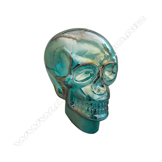 AQUA BLUE GLASS SHINY SKELETON SKULL STATUE 180 x 180 mm