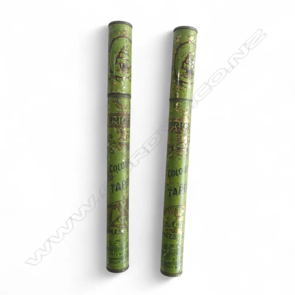PAIR ANTIQUE ‘PRICE’S’ WAX TAPERS TINS FOR LIGHTING CANDLES GAS, L.310MM  Image 1++