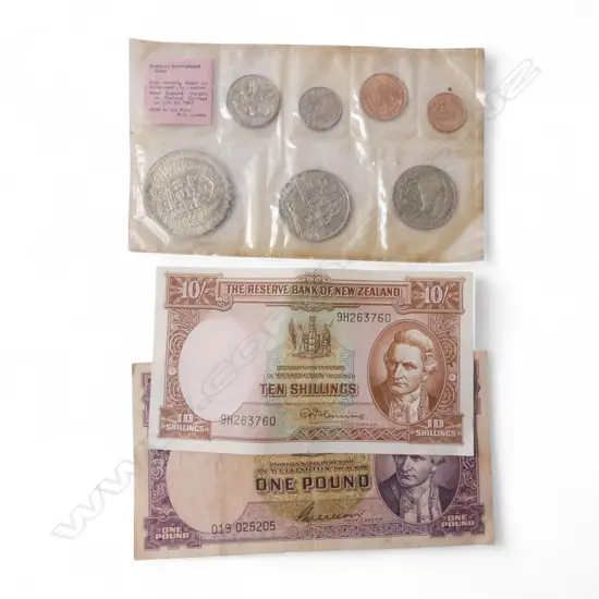 2 NZ BANK NOTES; FLEMING 10/-, WILSON £1 + 1967 UNC COIN SET