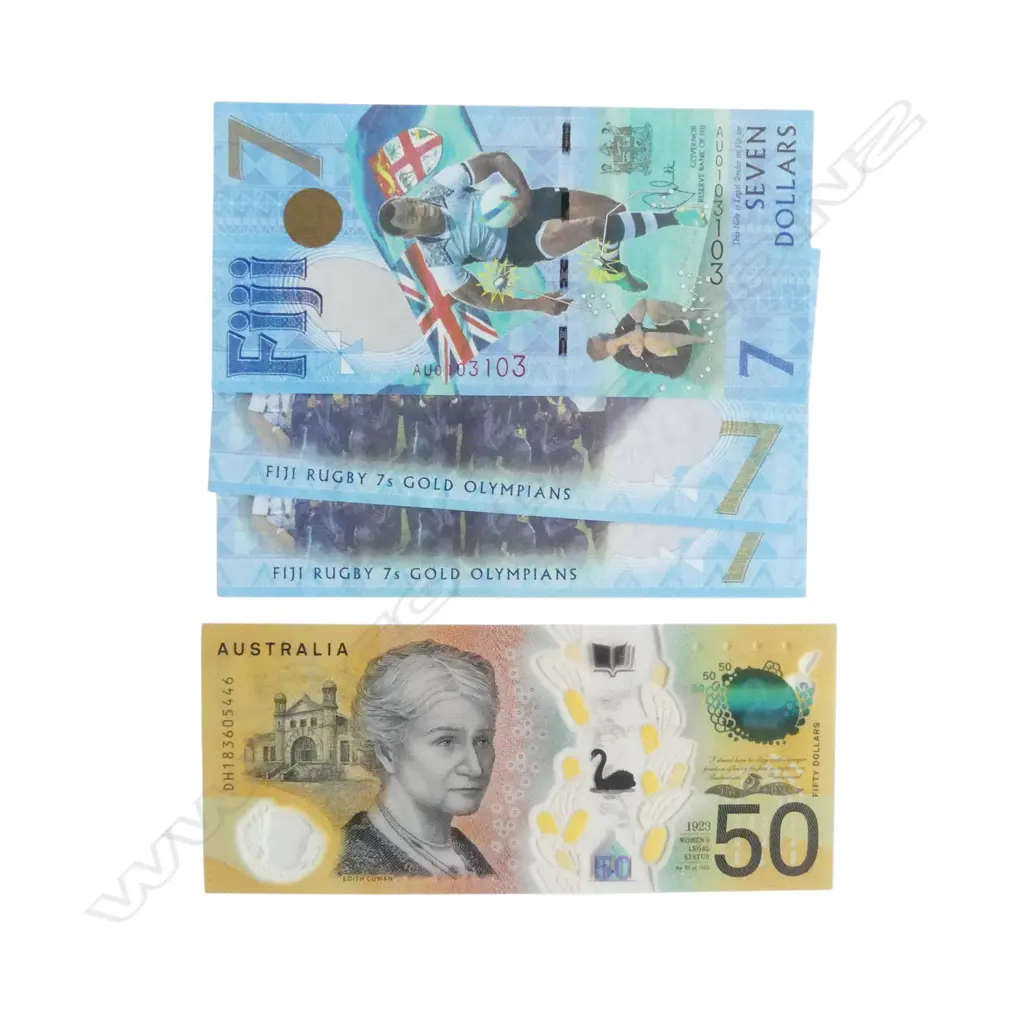 4 UNC BANK NOTES; 3x FIJI $7, AUSTRALIAN $50 TYPO IN 'RESPONSIBILITY' Image 1++