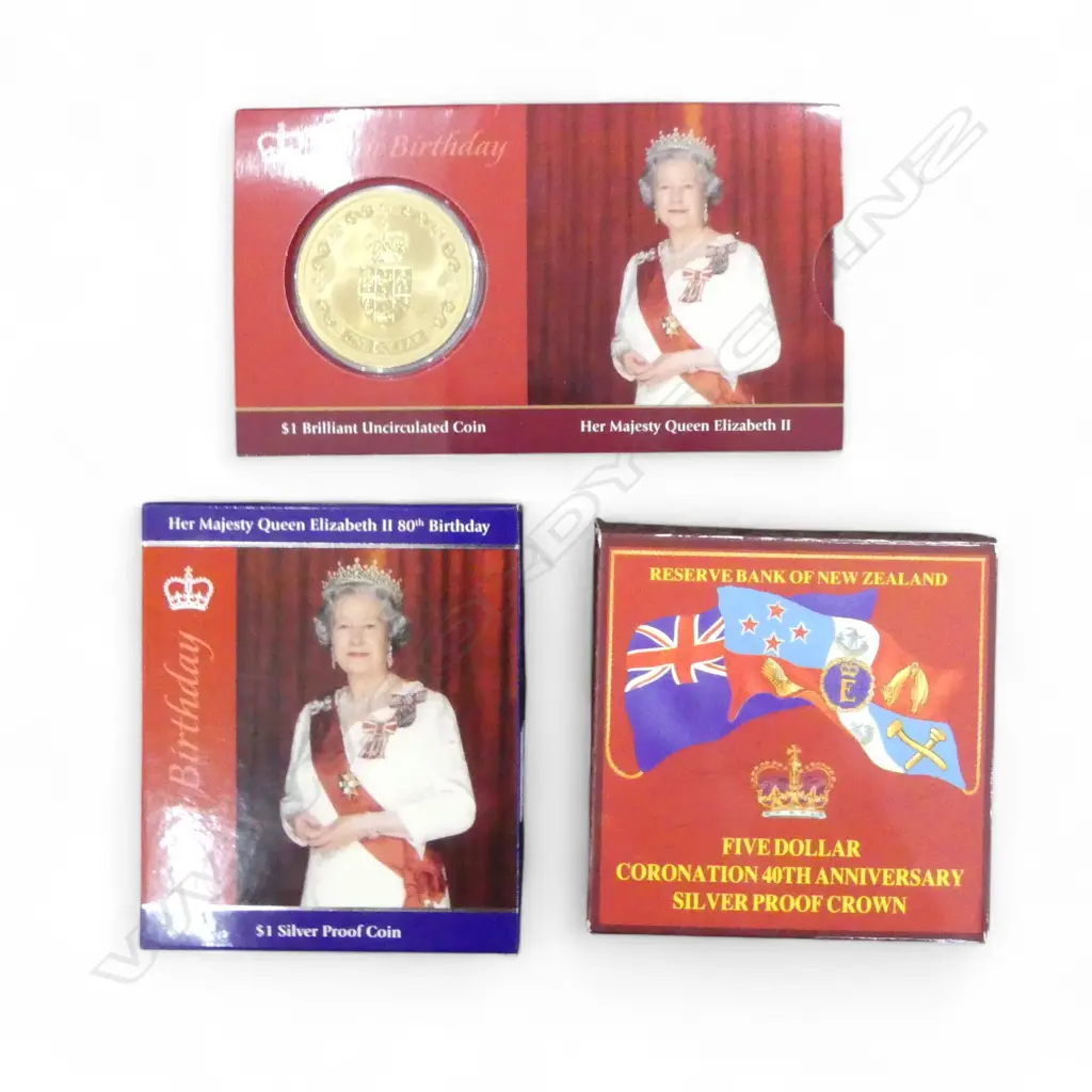 2 NZ SILVER PROOF COINS, BOXED (31gms PURE SILVER, 38gms 925) + $1 QEII 80th BDAY COIN Image 1++