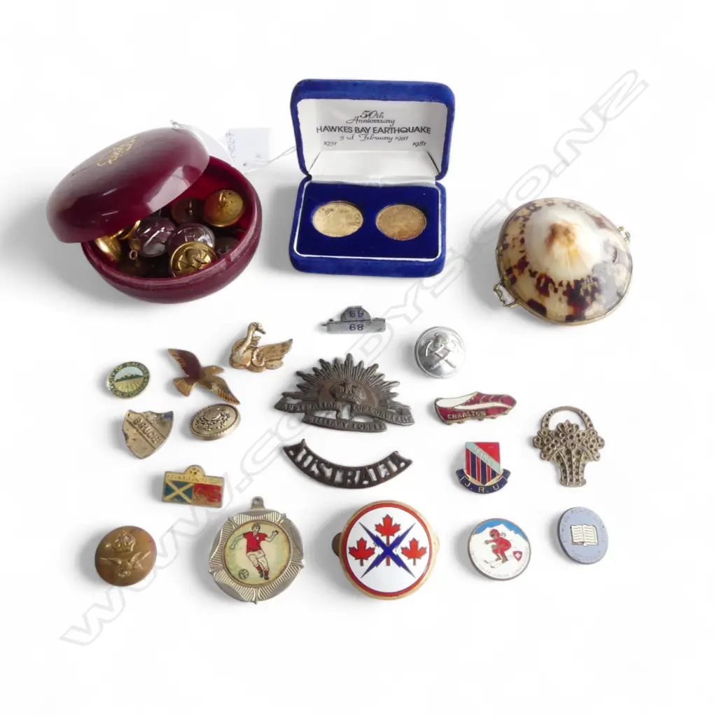 ASST. BADGES & BUTTONS + GILDED HALF PENNY & SHELL TRINKET BOX Image 1++