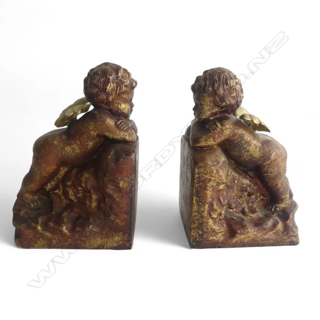 PAIR OF PLASTER GILDED VINTAGE PUTTI BOOKENDS Image 1++