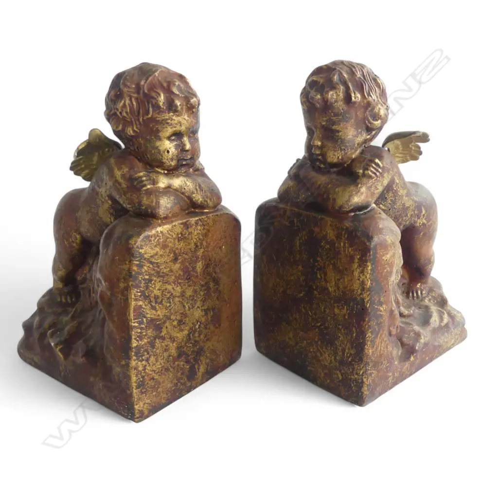 PAIR OF PLASTER GILDED VINTAGE PUTTI BOOKENDS Image 1++