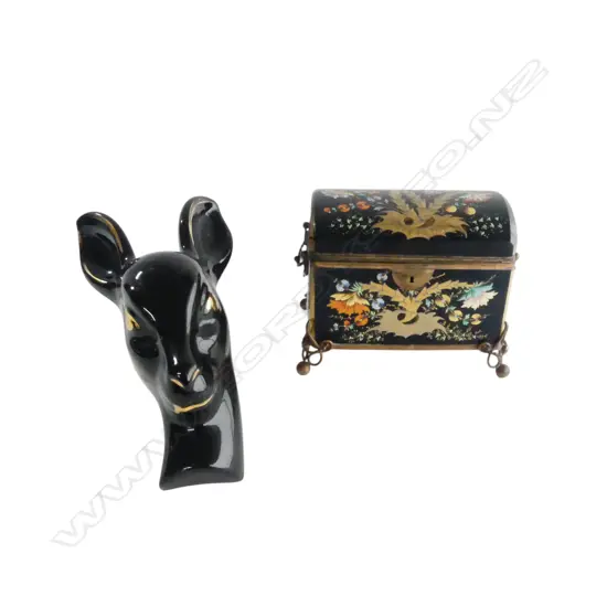 BLACK VITRALITE OLD HANDPAINTED JEWELLERY BOX, SARCOPHOGUS SHAPED, 180 x 110 x 150mm WITH 'BLACK BAMBI' WALL VASE, H.240