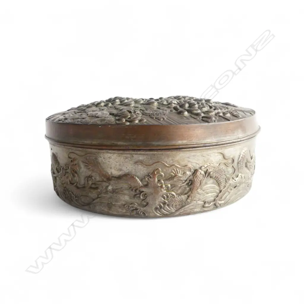 EARLY 20thC JAPANESE METAL BOX Dia.140mm w. chrysanthemum floral motifs in high relief Image 1++