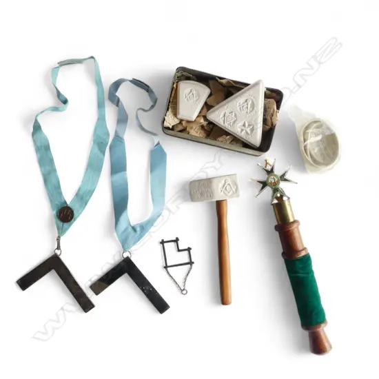 ASST MASONIC REGALIA etc; 2 WORKED STONES, STONE HAMMER, CEREMONIAL BATON, etc
