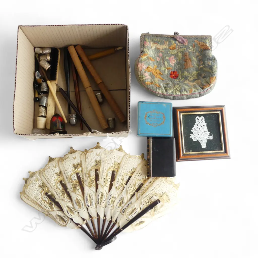 BOX SEWING ITEMS ETC: 12 VARIOUS THIMBLES + EMBROIDERED BAG + FAN + needle cases + Bilson box etc Image 1++