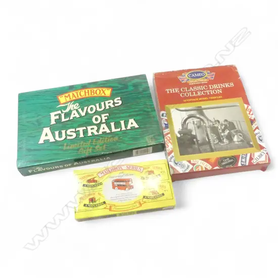 3 BOXED MODEL CAR SETS; MATCHBOX 40th ANNV., CAMEO CLASSIC DRINKS, MATCHBOX FLAVOURS OF AUSTRALIA