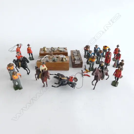 BOX OF OLD LEAD MOUNTIES COWBOYS ETC PLUS 3 SETS OF SM GRAM WEIGHTS