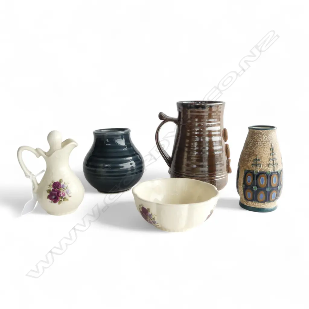 5 CERAMICS; PETER STICHBURY LG MUG H.180mm AF, 2 VASES TONY SLY & AMPHORA, JUG & BOWL Image 1++