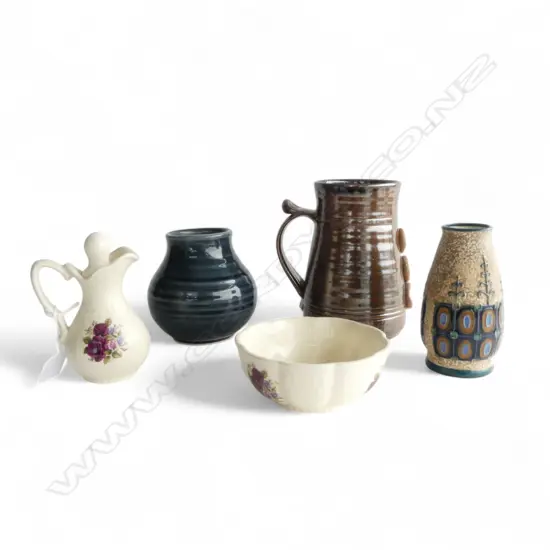 5 CERAMICS; PETER STICHBURY LG MUG H.180mm AF, 2 VASES TONY SLY & AMPHORA, JUG & BOWL