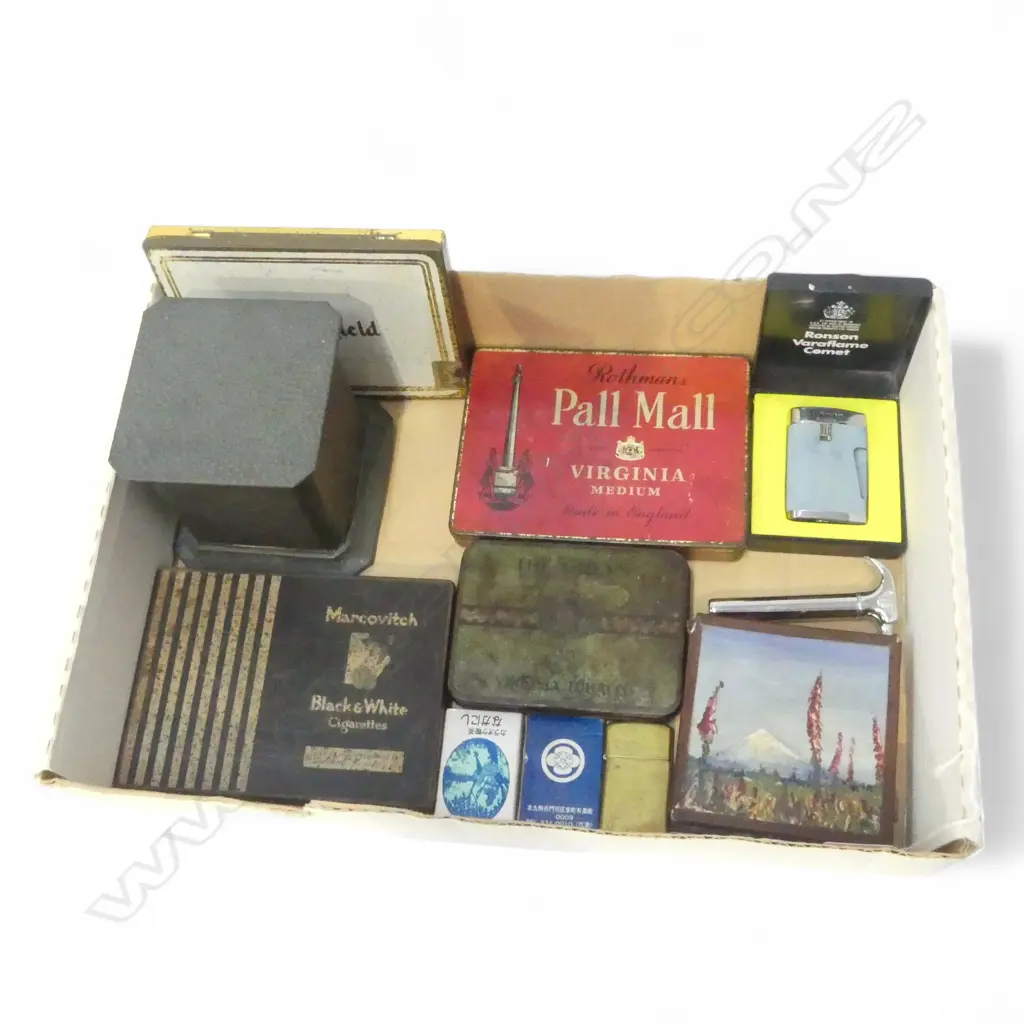 TRAY OF SMOKERS MEMORABILIA LIGHTERS TINS HOLDERS ETC Image 1++