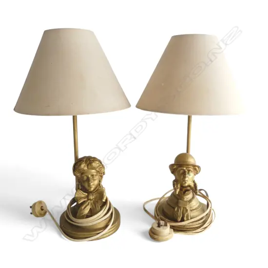 PR TABLE LAMPS w. GOLD BASES; VICTORIAN HEADS H.430mm