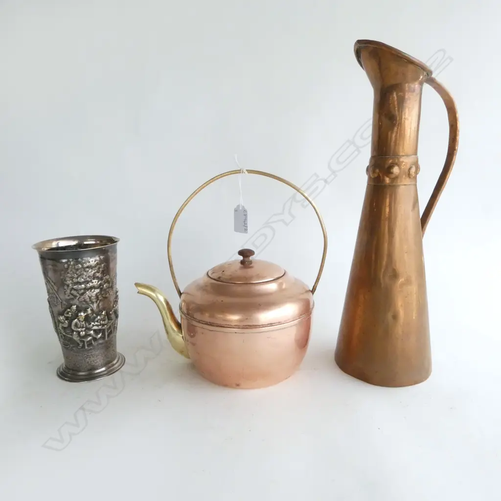 COPPER KETTLE & JUG H.385mm + DANISH SILVER PLATE VASE H.165mm Image 1++