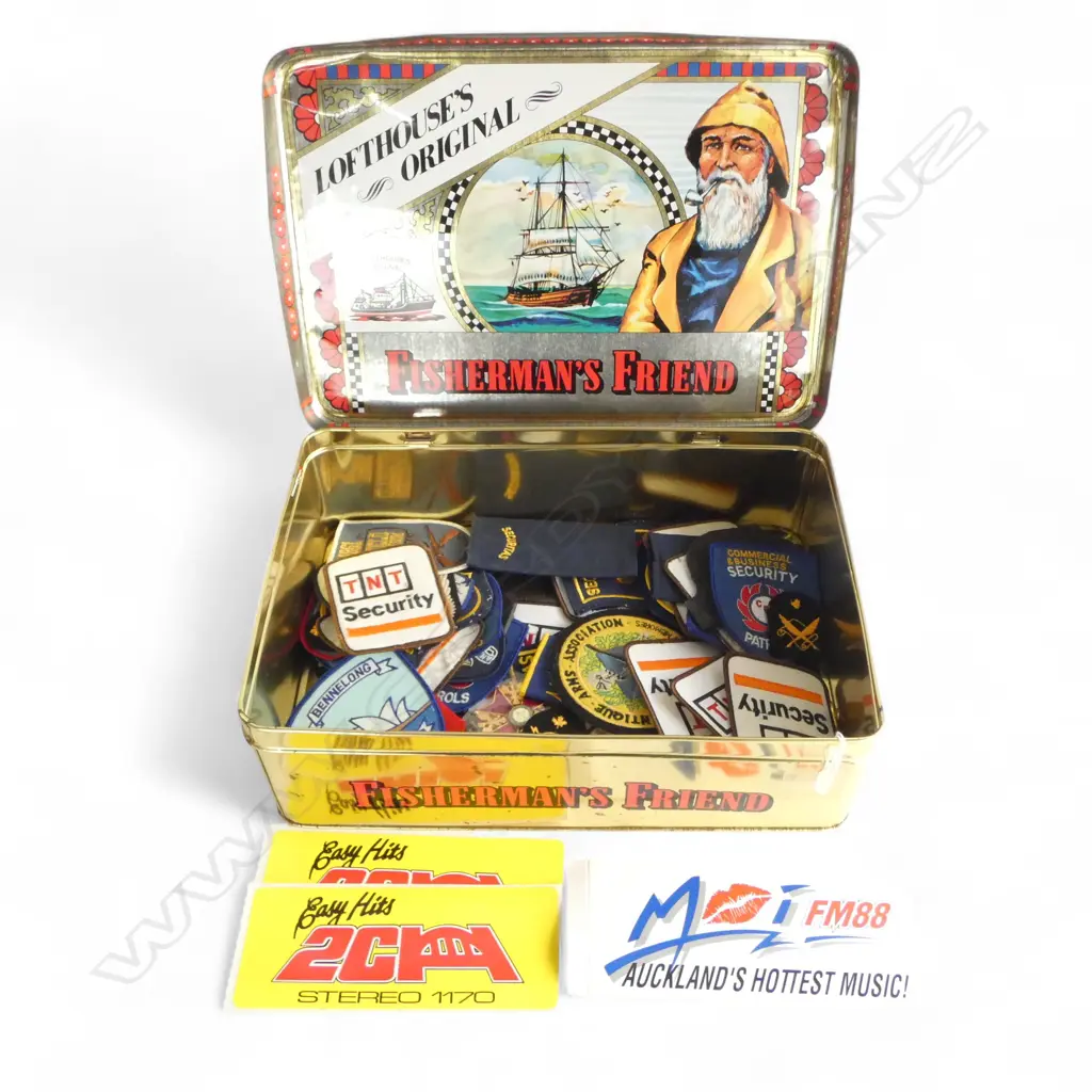ASST. VINTAGE PATCHES Incl. AUCKLAND, WAIOURU, etc IN FIISHERMANS FRIEND TIN 360x250x110mm Image 1++