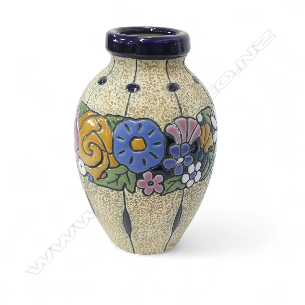 CZECH AMPHORA VASE WITH FLORAL BAND, TYPICAL MATTE AND GLAZED FORM, H.210mm Image 1++