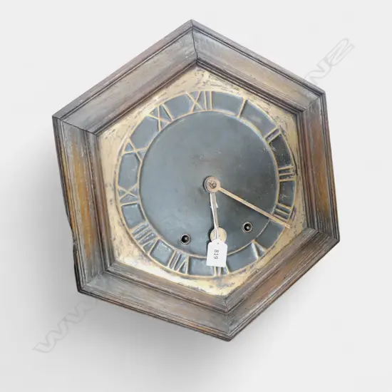VINTAGE WALL CLOCK, OAK HEXAGON FRAME 360mm dia
