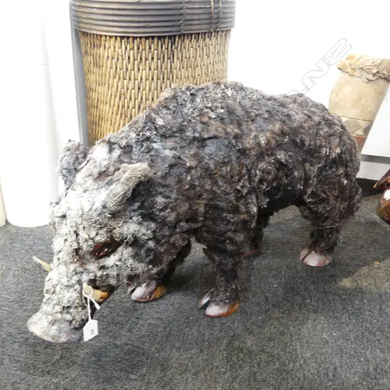 LG BRONZE BOAR SCULPTURE w. painted natural faux fur finish + tusks L.800mm