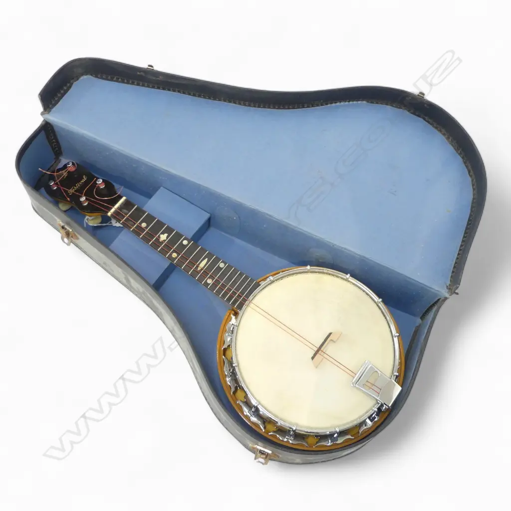 SMALL VINTAGE BANJO L.580mm IN HARD SHELL TRAVEL CASE two strings missing Image 1++