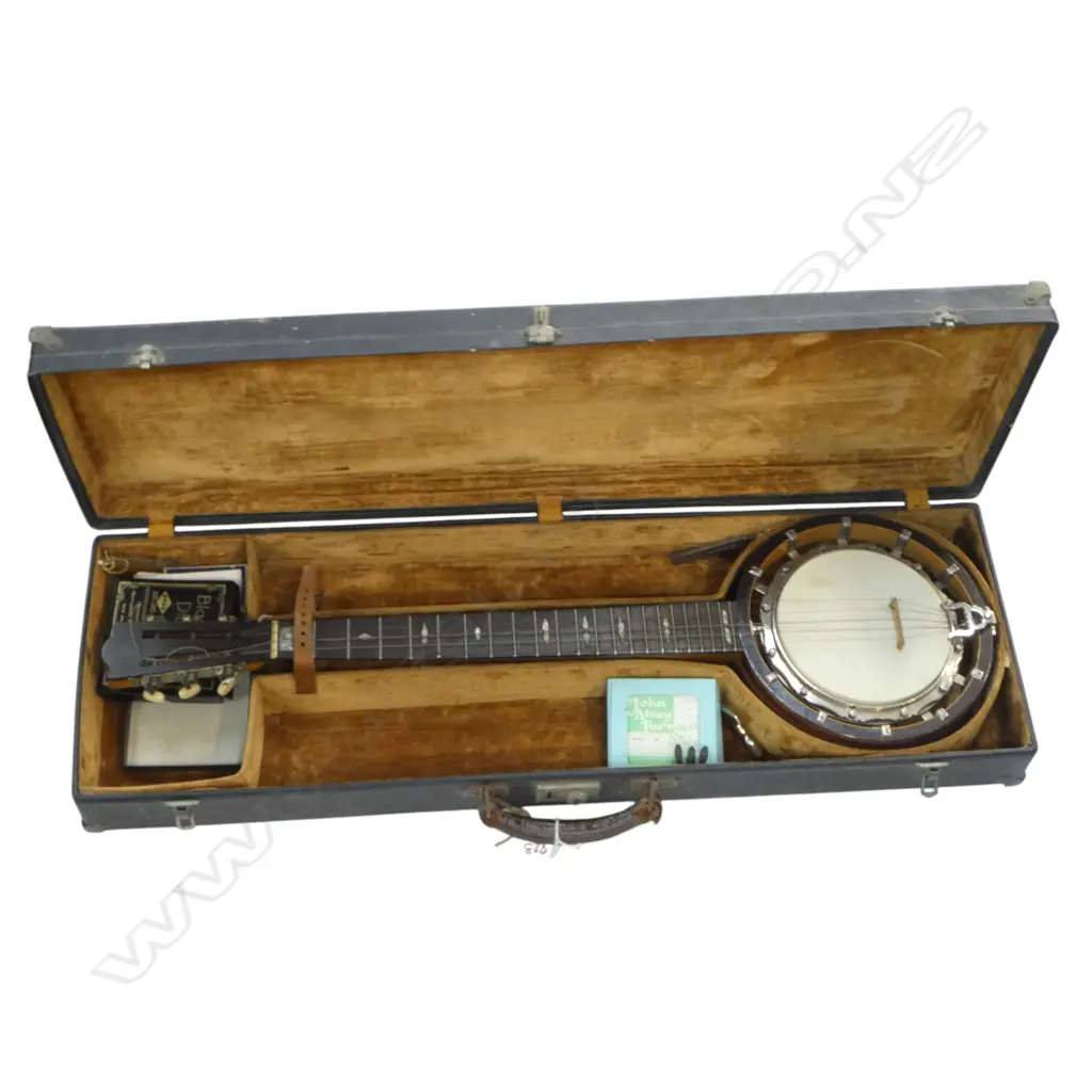 GOOD VINTAGE BANJO SIGNED ALFRED D. CAMMEYER L.790mm with MOP & wood inlay, in vintage travel case w. strings Image 1++