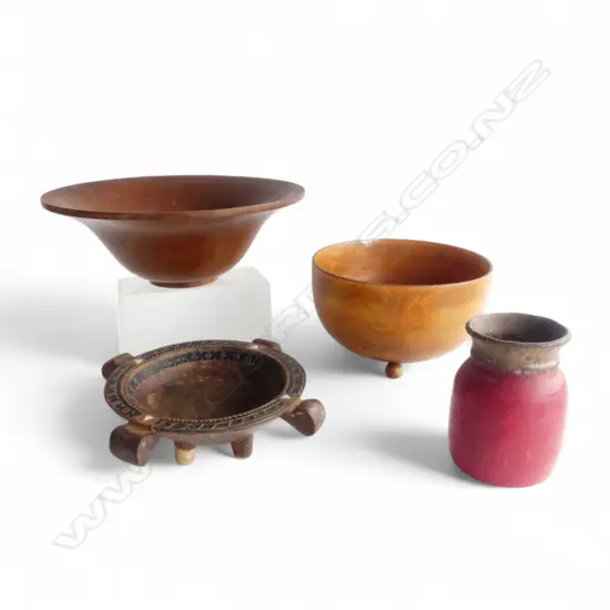 2 LG WOODEN BOWLS 325mm dia, KAVA BOWL, RED TRIBAL VASE H.150mm