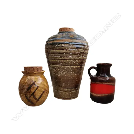 URN SHAPED VESSEL w CORK STOPPER H.300mm & 2 OTHER POTTERY ITEMS