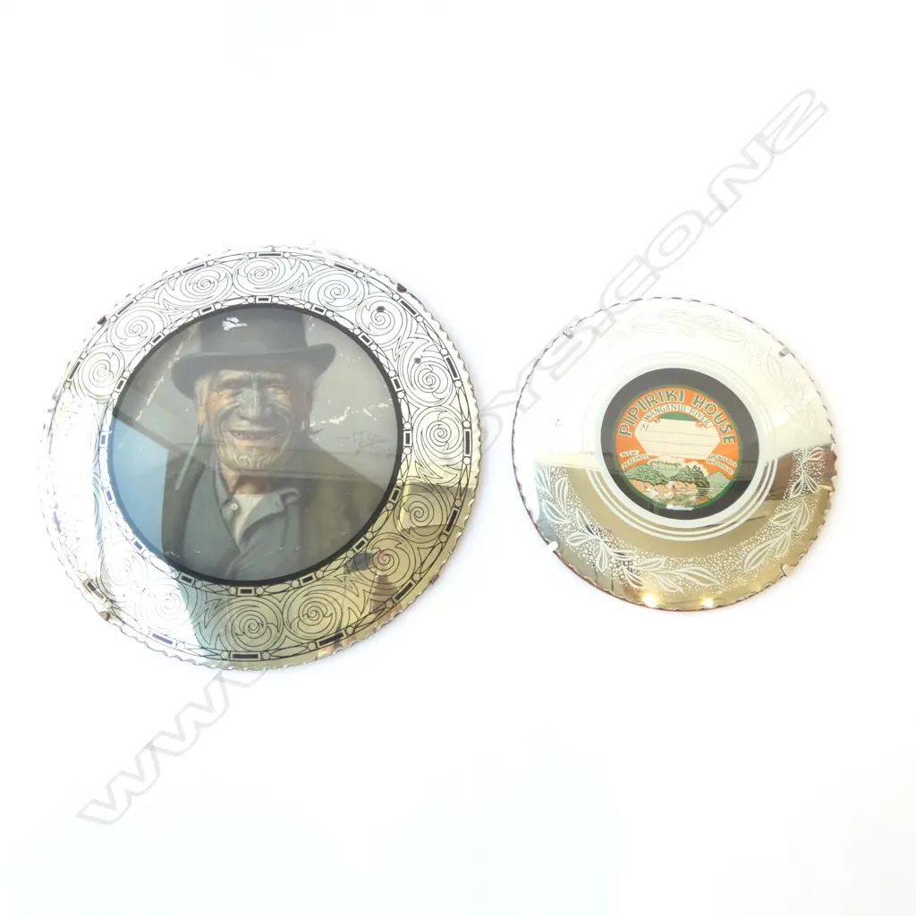 2 CIRCULAR MIRROR EDGED FRAMES Dia.400mm; GOLDIE PRINT & POPORIKI HOUSE LUGGAGE LABEL Image 1++