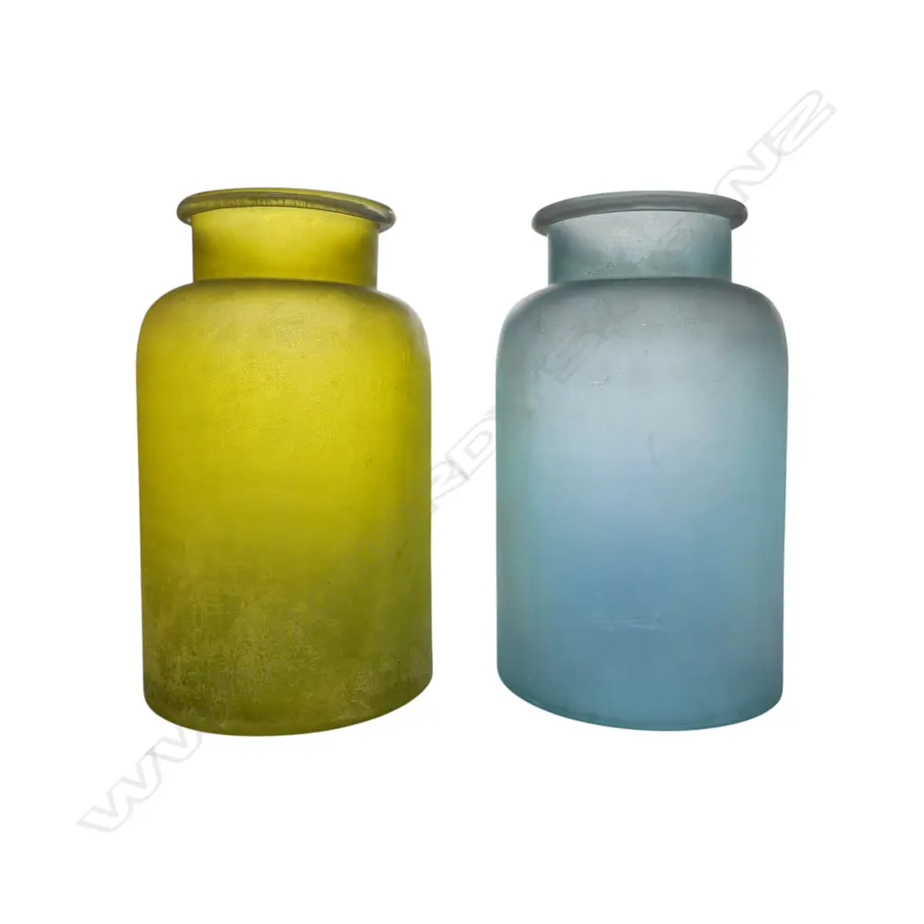FROSTED BLUE AND YELLOW GLASS BOTTLE VASES 340 x 200 mm Image 1++