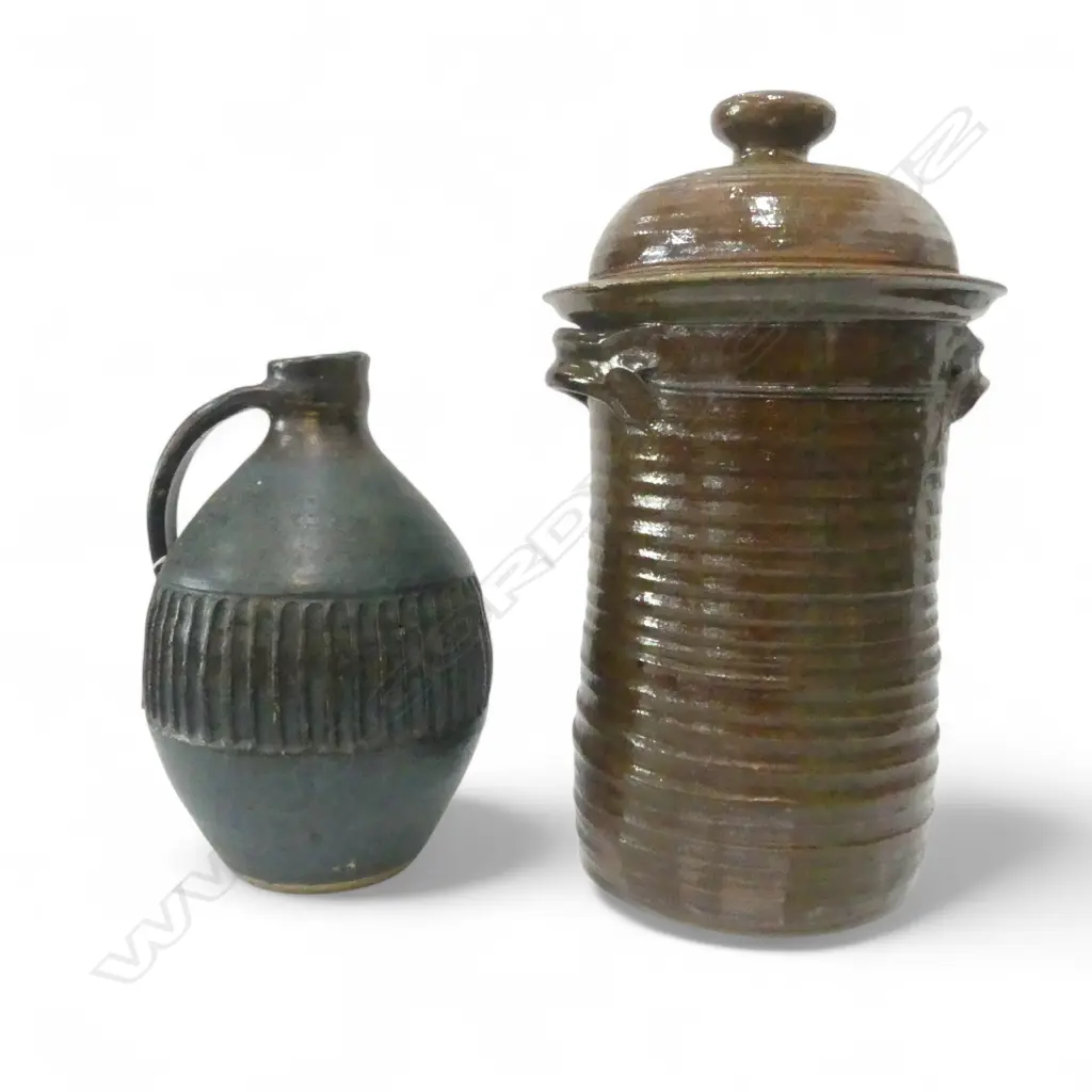 LARGE STUDIO POTTERY LIDDED JAR H350 SMALL FRITS & STUDIO POTTERY DECANTER H230MM Image 1++