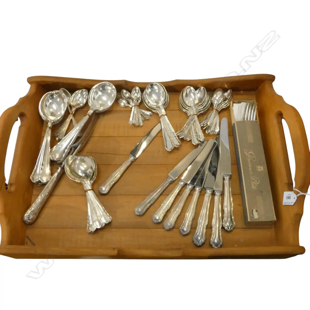 NATIVE WOODS GALLERY TRAY L580MM & COLLECTION OF EP CUTLERY Image 1++