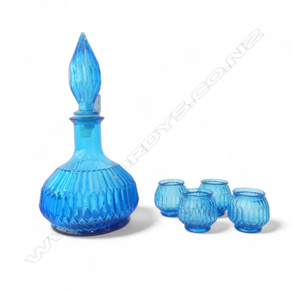 MID-CENTURY BLUE GLASS GENIE BOTTLE + GLASSES H290mm Image 1++