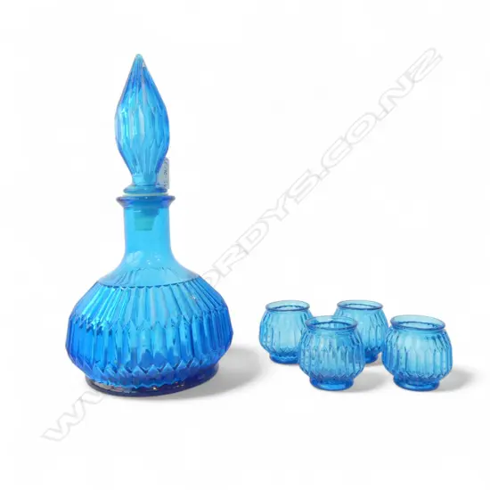 MID-CENTURY BLUE GLASS GENIE BOTTLE + GLASSES H290mm