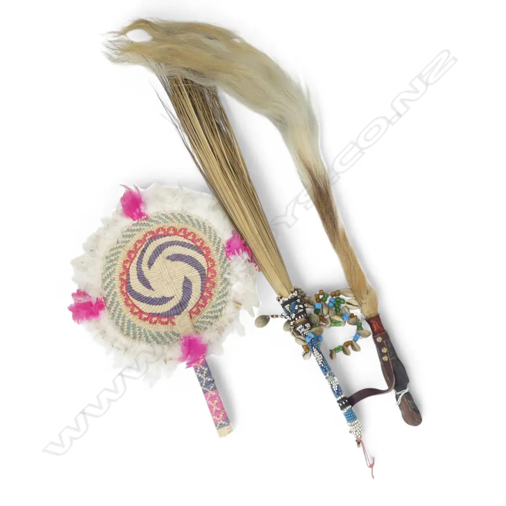 3 ETHNIC CARVED BEADED FLY WHISKS L70MM LONGEST Image 1++