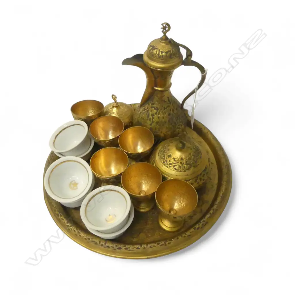 ISLAMIC VINTAGE METAL & CHINA CUP COFFEE SET ON TRAY DIA280MM Image 1++